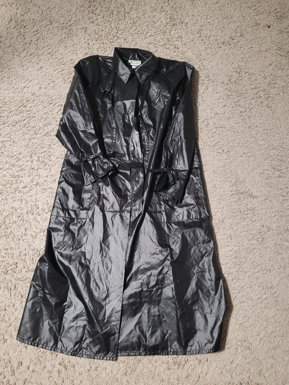 Black Long Rain Coat with Tie Waist Fancy Sleeve